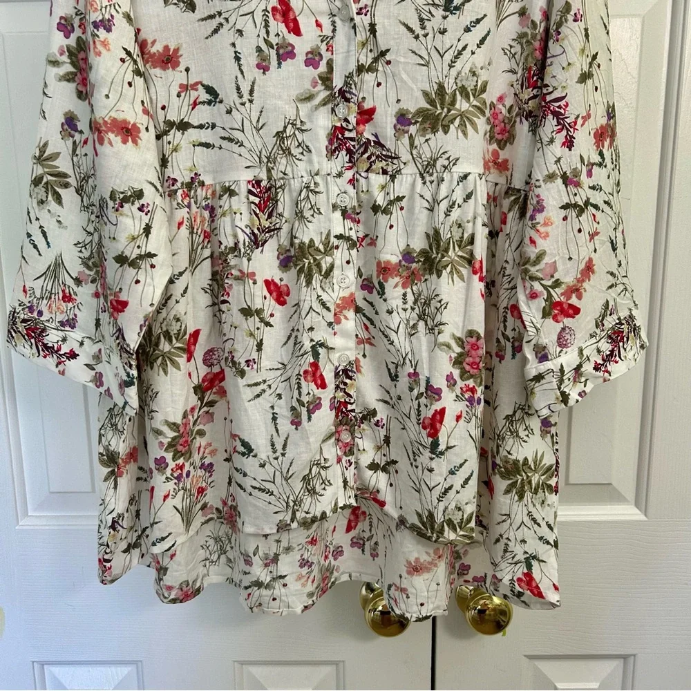 Jones NY Linen Floral High/Low Hem Roll Tab Sleeve Spring Women's Top 1X - Picture 3 of 14